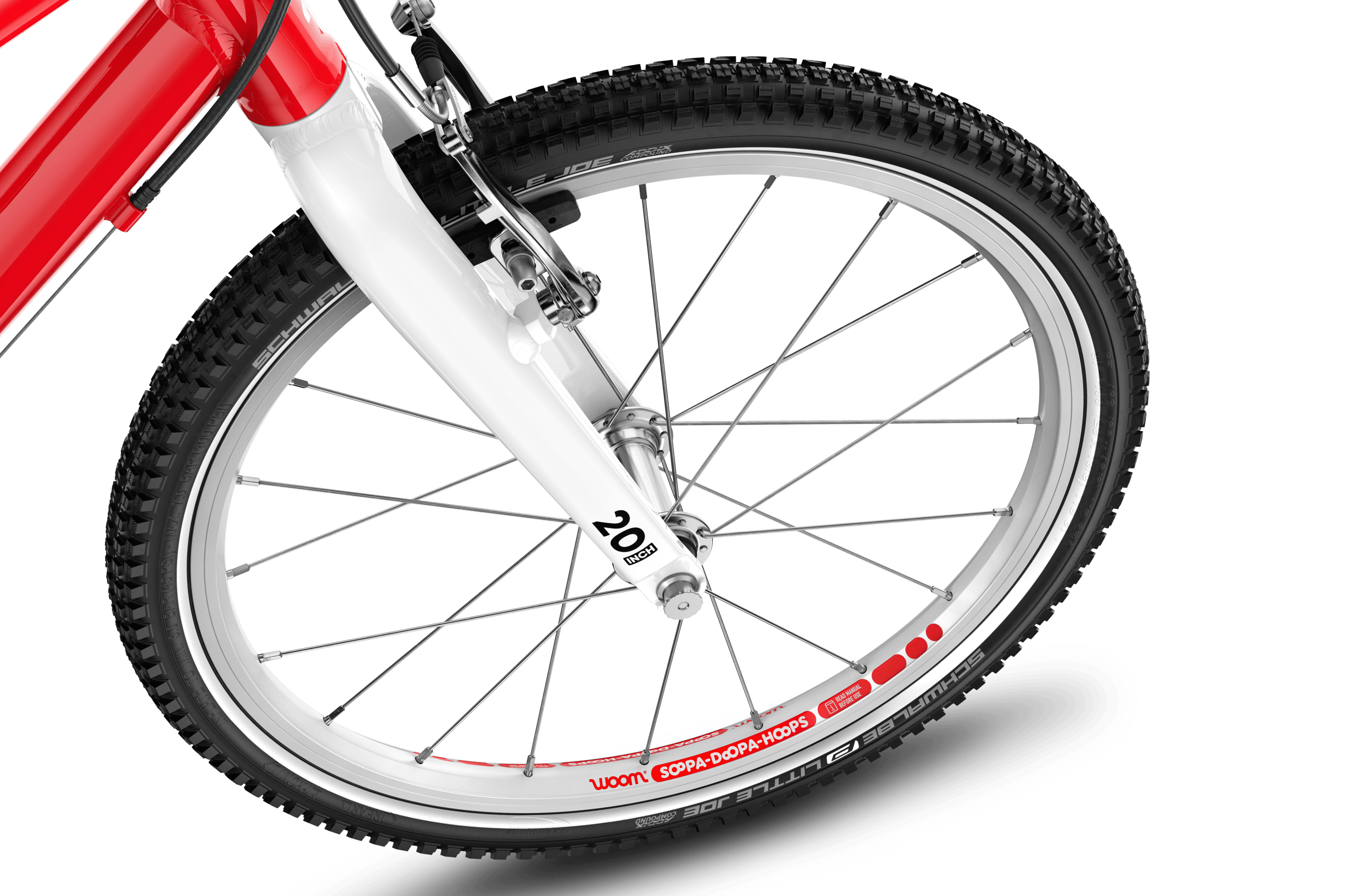 Detailed view of the front 20″ wheel on the woom GO 4 children's bike