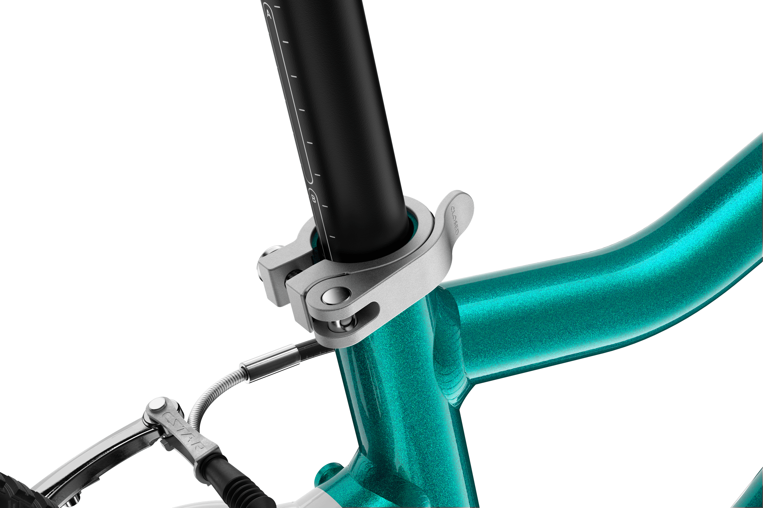 Detailed view of the quick-release skewer for the front wheel on the woom GO 4 children's bike with 20″ wheels