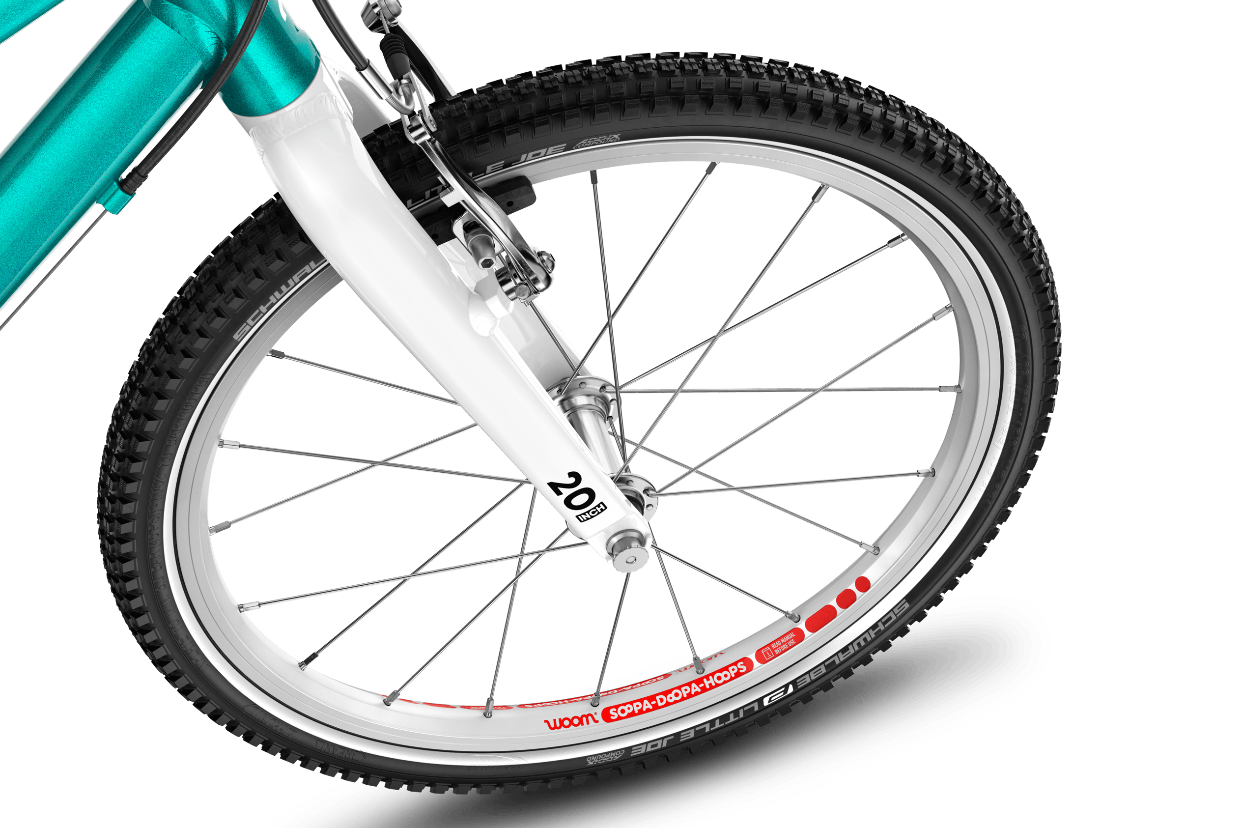 Detailed view of the front 20″ wheel on the woom GO 4 children's bike