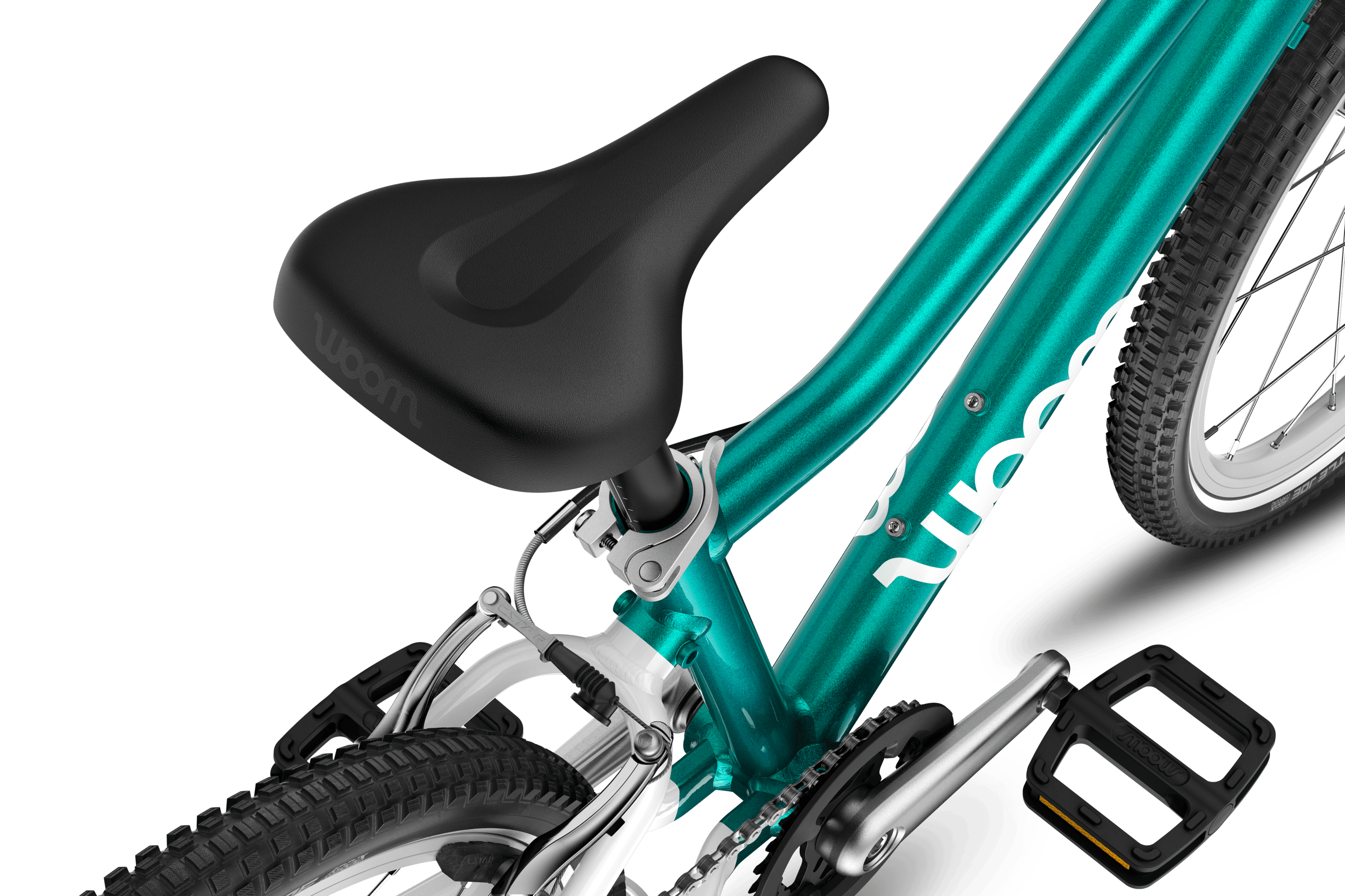 Detailed view of the saddle on the woom GO 4 children's bike