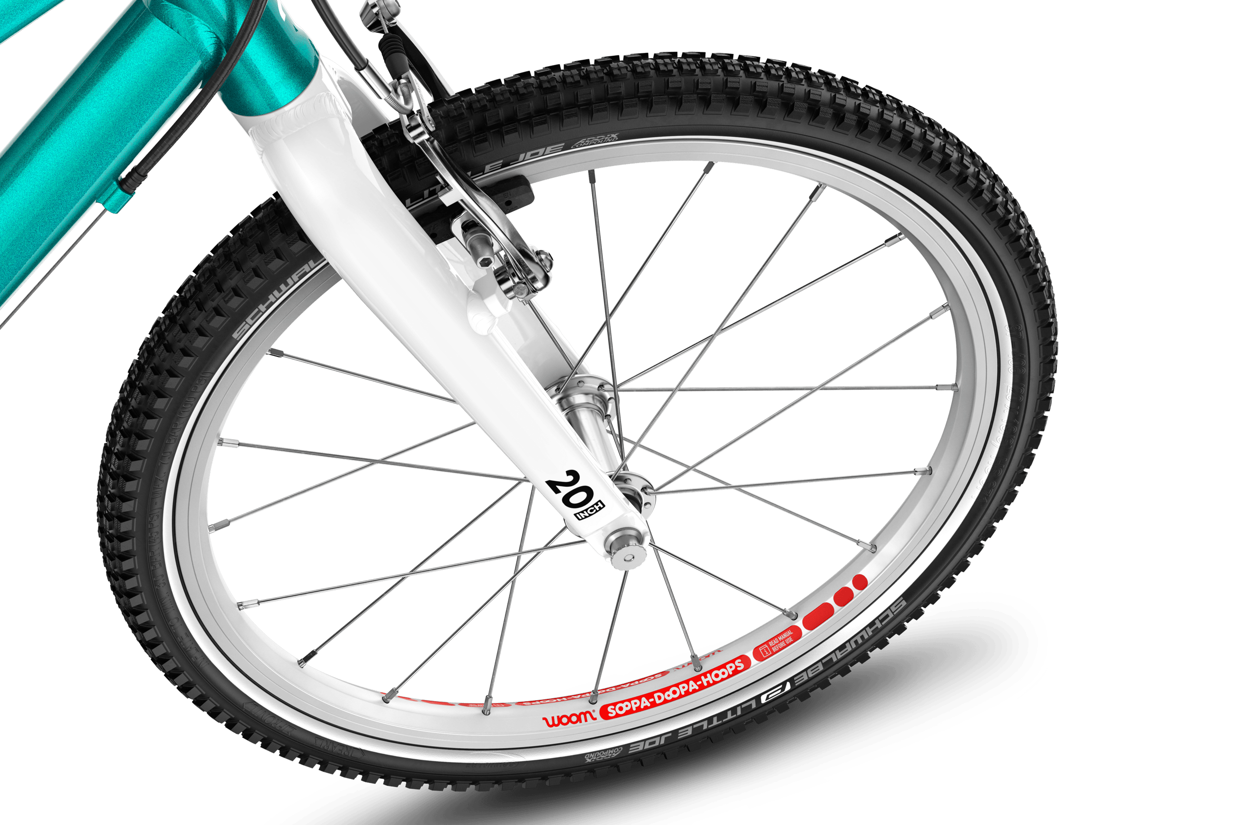 Detailed view of the front 20″ wheel on the woom GO 4 children's bike