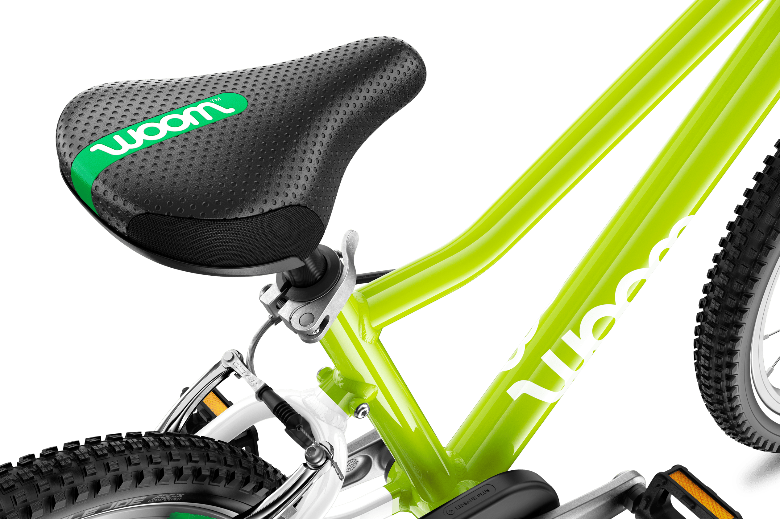 Detailed view of the saddle on the woom ORIGINAL 3 AUTOMAGIC children's bike.
