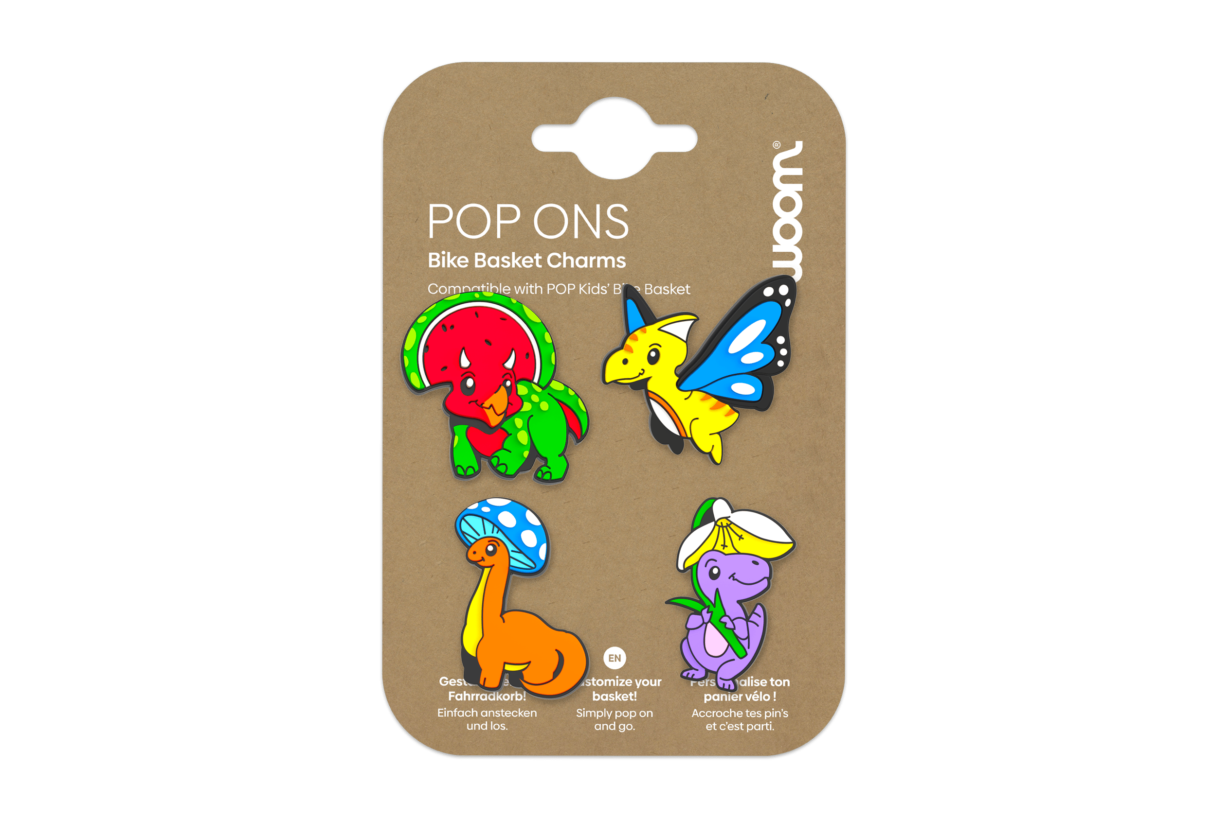 Four colorful woom POP ONS dinosaur charms on cardboard packaging.
