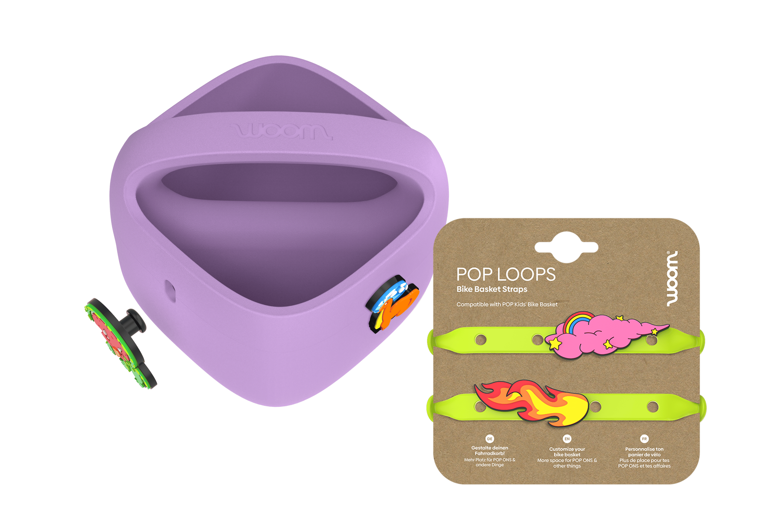 Purple woom POP Kids' Bike Basket with various POP ONS next to neon-green POP LOOPS Straps on cardboard packaging.