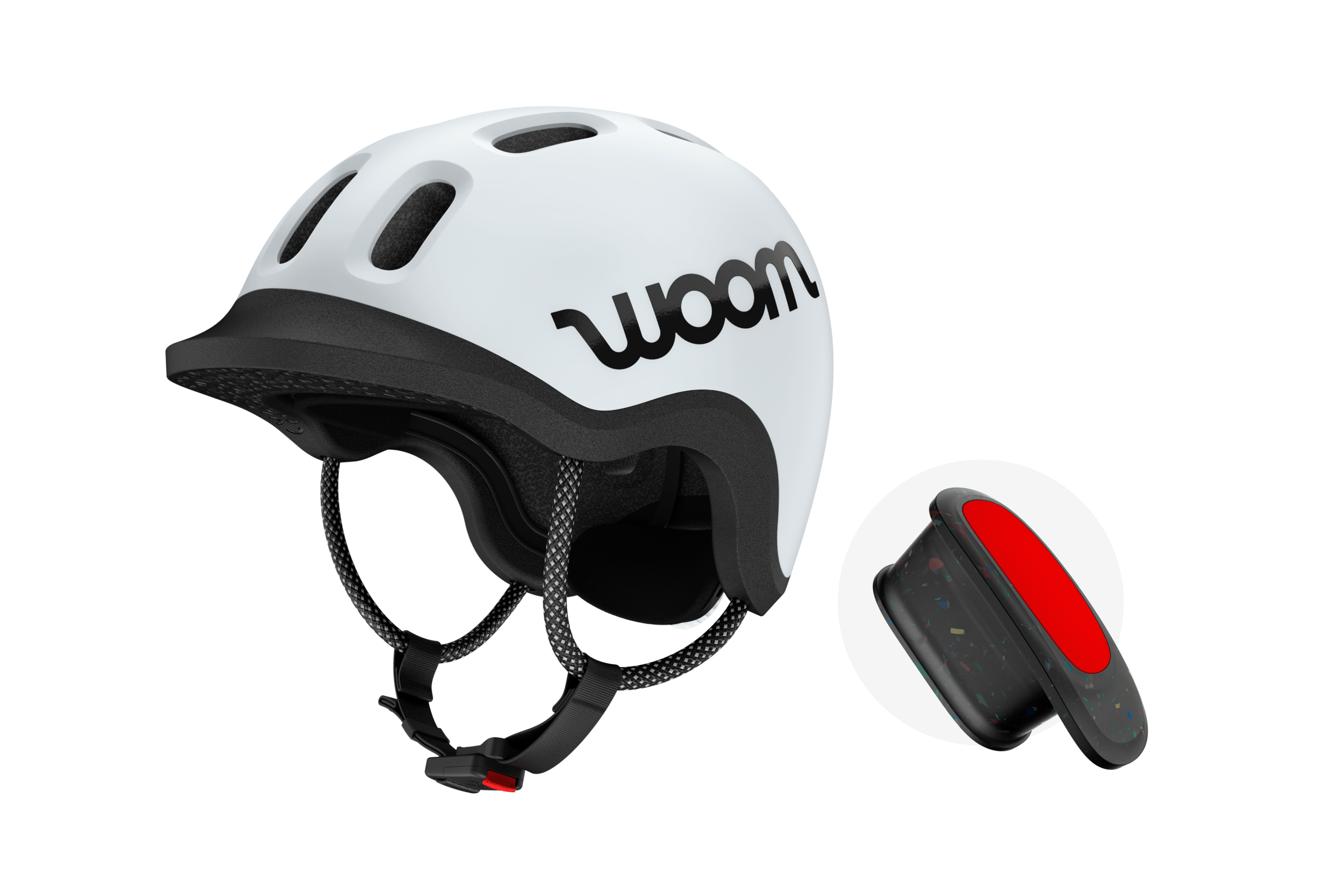 Side front view of a red READY Kids' Helmet and the compatible READY Helmet Light from woom