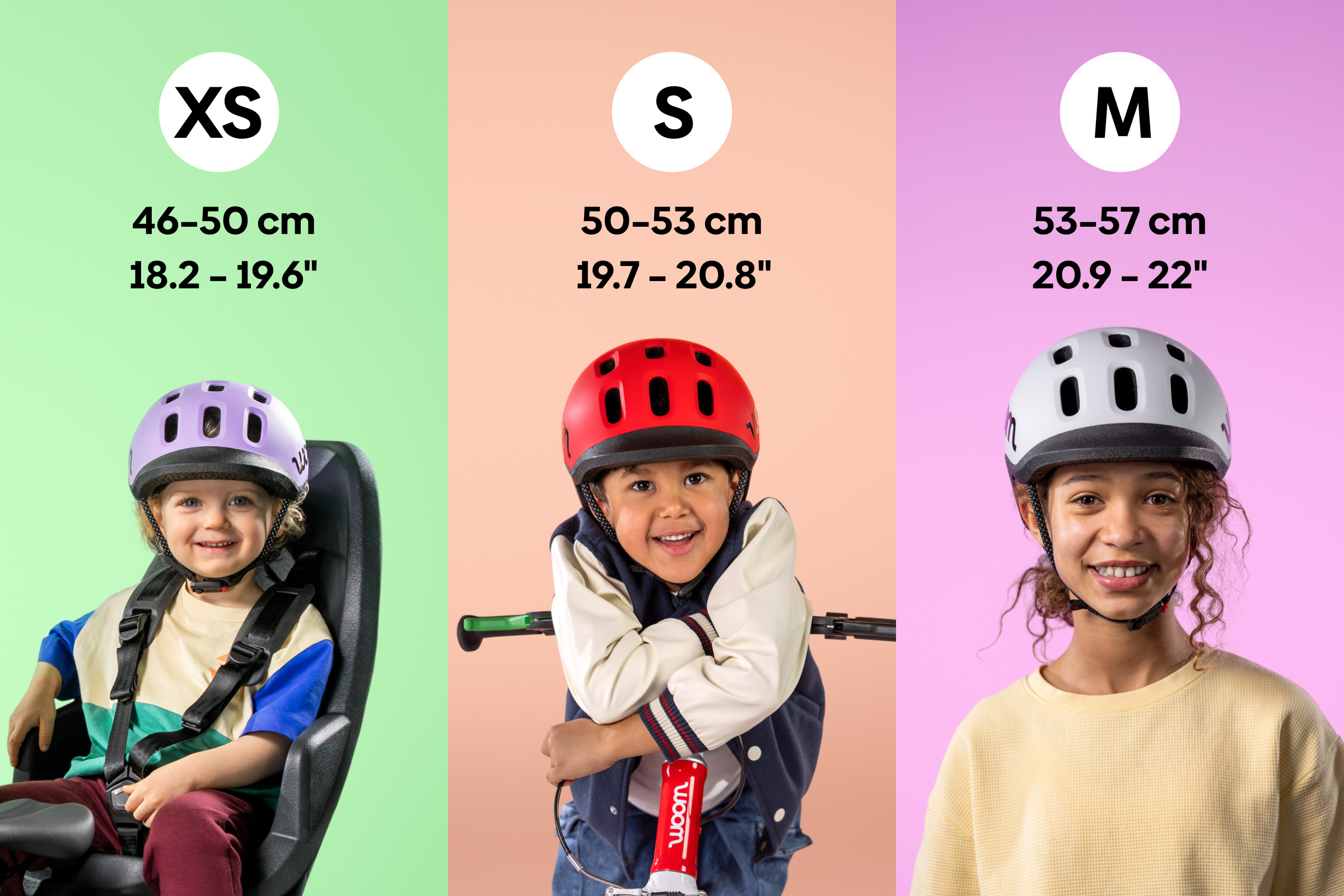 Drei Kinder mit Fahrradhelmen in den Größen XS, S und M – jeweils mit Größenangabe in cm und Zoll.
